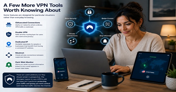 Woman using VPN tools including Double VPN, Dedicated IP, Mesh-Net, obfuscated connections, and Dark Web Monitor