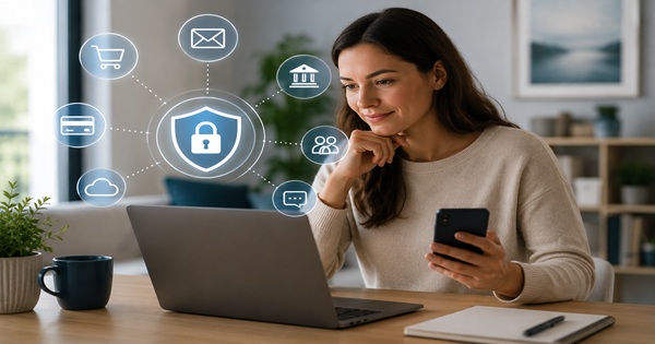 Woman using a laptop and smartphone with online security and privacy protection symbols