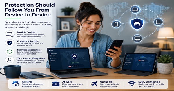 Woman using a laptop, smartphone, and tablet protected by a VPN across multiple devices