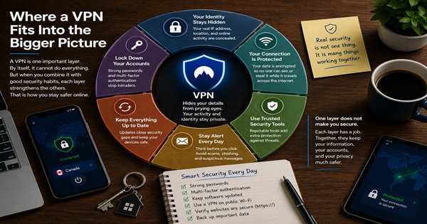 Layered online security showing VPN protection alongside strong passwords, multi-factor authentication, updates, and safe browsing habits