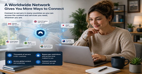 Woman using a laptop with a worldwide VPN network connecting servers across multiple countries